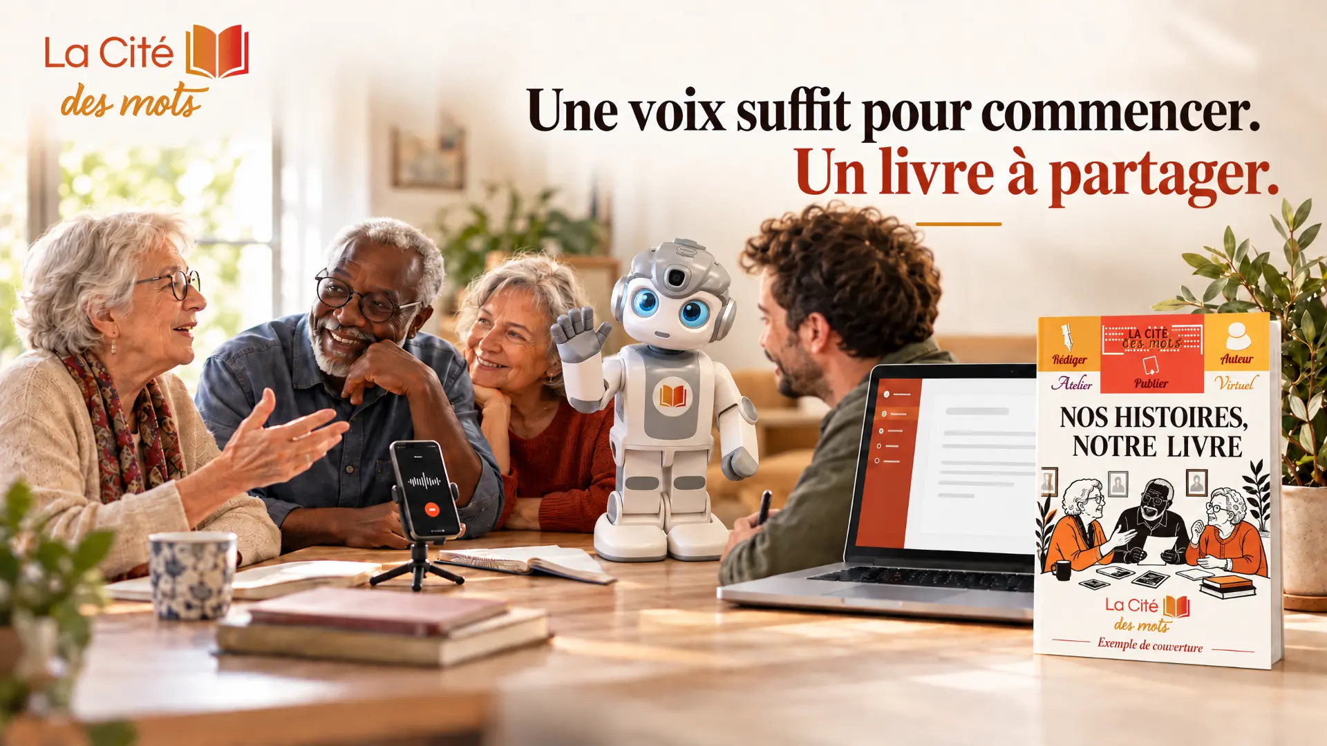 Des résidents souriants participent à un atelier d'écriture collective autour d'une table, accompagnés de Robin, le robot humanoïde pédagogique de La Cité des Mots.