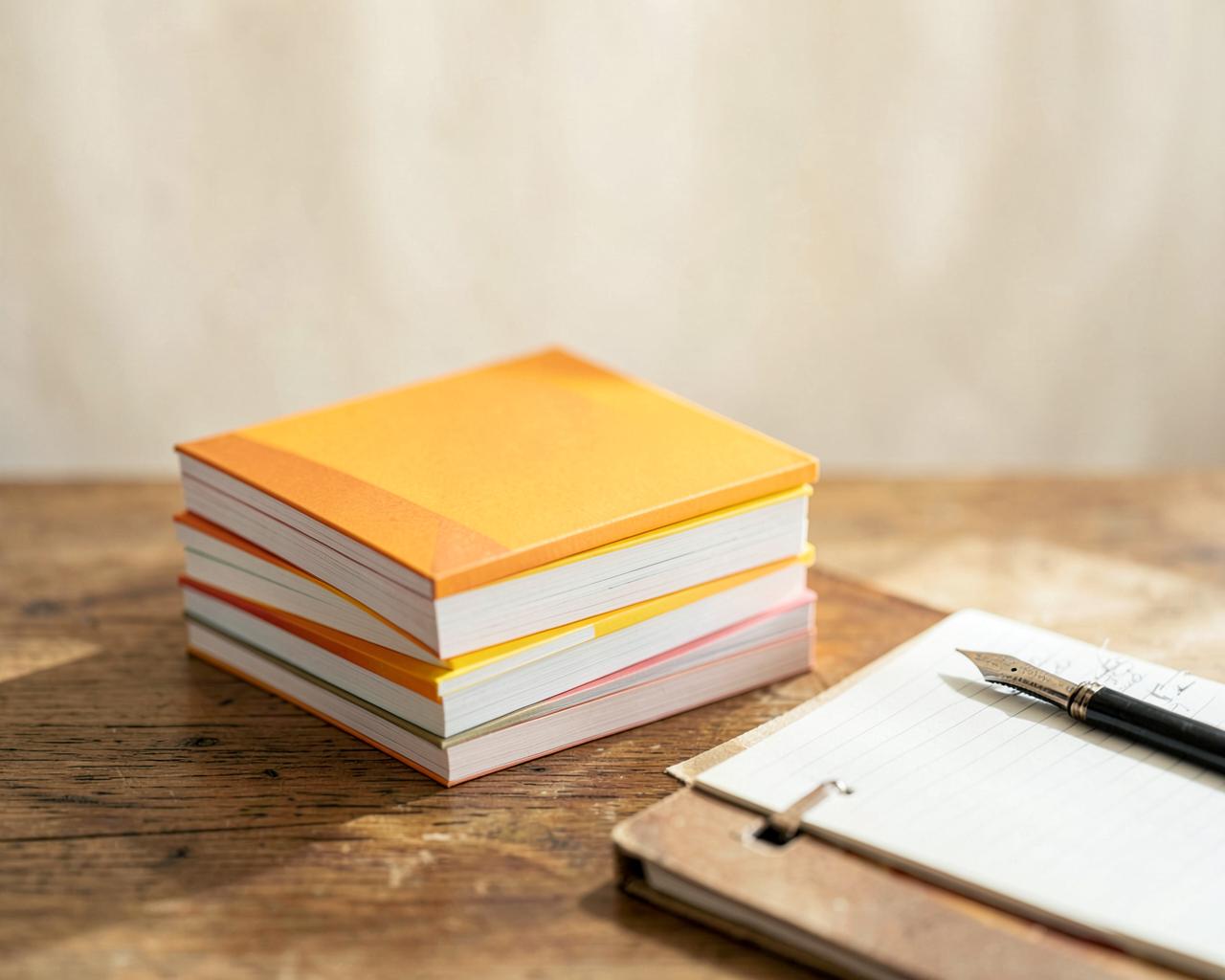 Une pile de petits livres imprimés aux couvertures orange, jaune et ocre, posée près d'un carnet et d'un stylo-plume.